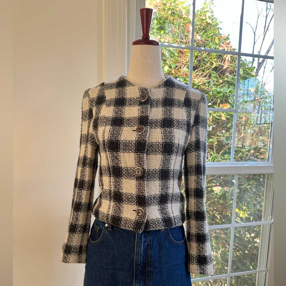 VNTG GINGHAM TWEED WOOL BLEND JACKET SZ 34
